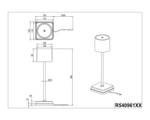 Schéma technique d''une lampe de table avec indications de dimensions