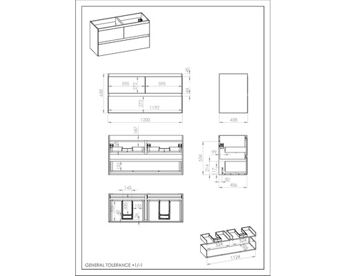 Schéma technique d''un meuble bas de salle de bains avec dimensions