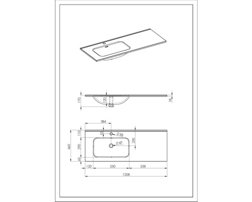 Technische Zeichnung eines Waschtischs mit Maßangaben