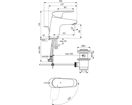 Technische Zeichnung eines Wasserhahns mit Abmessungen