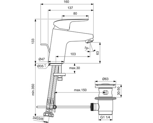 Schéma technique d''un robinet de lavabo avec indications de mesure