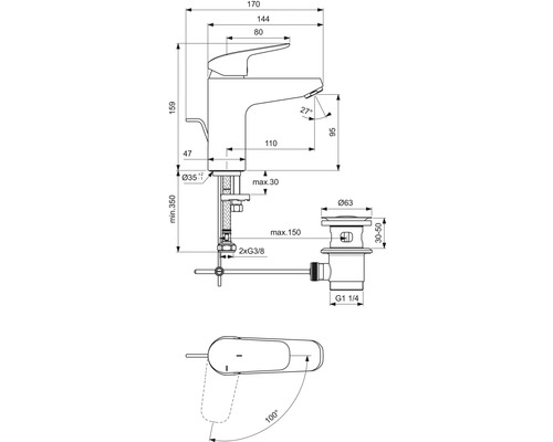 Dessin technique d''un mitigeur de lavabo avec indications de dimension