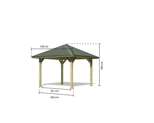 Gartenpavillon aus Holz mit den Maßen 338 cm mal 290 cm mal 264 cm mal 241 cm