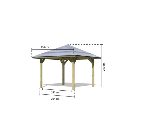 Dimensions d''un pavillon de jardin en bois : 290 cm de haut, 338 cm de large et 264 cm de profondeur