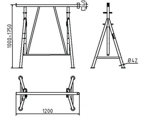 Technische Zeichnung eines höhenverstellbaren Arbeitsbocks mit Maßangaben.