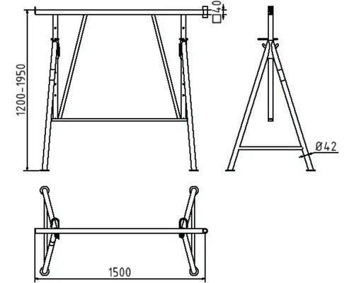 Dessin technique d''un tréteau de chantier réglable en hauteur avec indications de dimensions