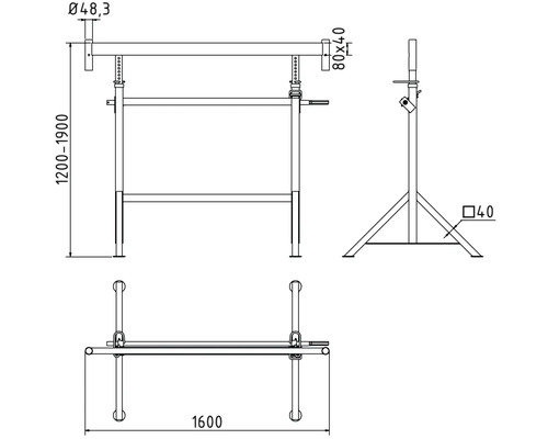 Technische Zeichnung eines Gerüstbockes mit Maßangaben