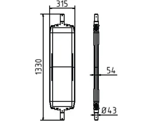 Technische Zeichnung eines Wärmetauschers mit den Maßen 1330 mm Höhe, 315 mm Breite und 43 mm Durchmesser.