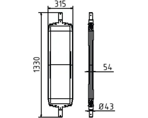 Technische Zeichnung eines Heizkörpers mit Maßangaben