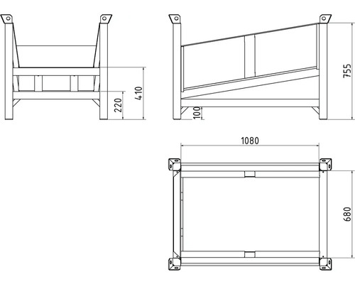 Technische Zeichnung einer Gitterbox mit Maßangaben