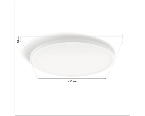 Plafonnier rond mesurant 430 sur 30 millimètres.