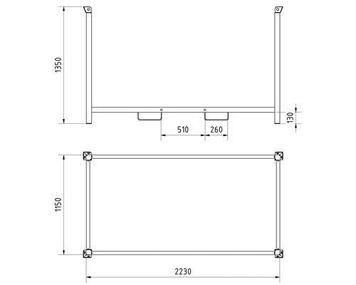 Technische Zeichnung eines Gerätegestells mit Maßangaben