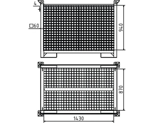 Technische Zeichnung eines Gitteraufsatzrahmens mit den Maßen 1430 x 940 x 870 mm