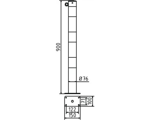 Technische Zeichnung eines Absperrpfostens mit Maßangaben