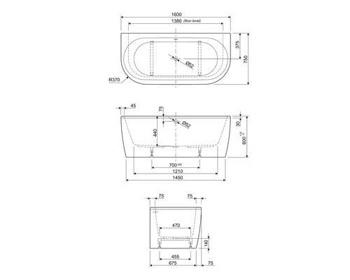 Dessin technique d''une baignoire avec dimensions