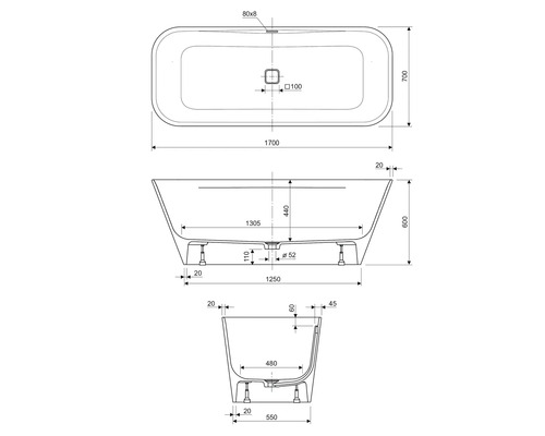 Dessin technique d''une baignoire avec dimensions