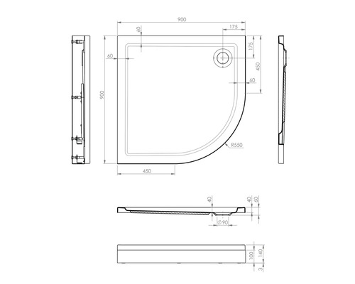 Schéma technique d''un receveur de douche avec dimensions