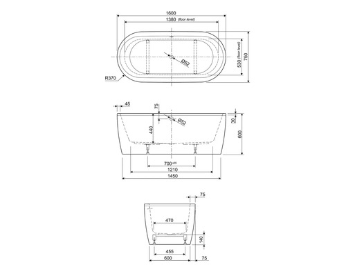 Schéma technique d''une baignoire avec dimensions