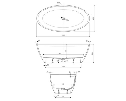 Technische Zeichnung einer freistehenden Badewanne mit Maßangaben.