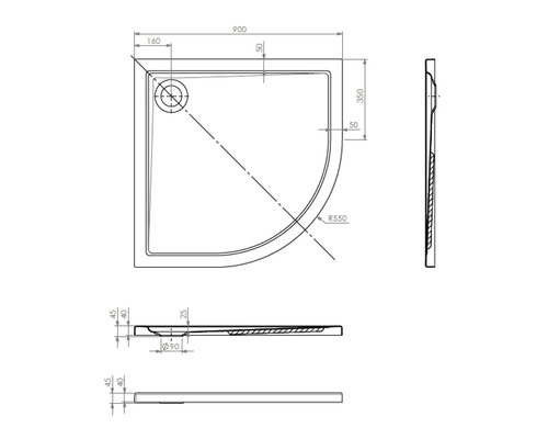 Technische Zeichnung einer Duschwanne mit Maßangaben