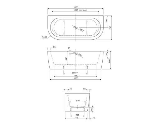 Schéma technique d''une baignoire avec cotes