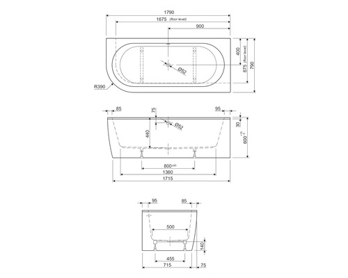 Schéma technique d''une baignoire avec dimensions