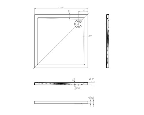 Schéma technique d''un receveur de douche avec dimensions