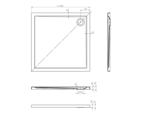 Dessin technique d''un receveur de douche avec dimensions