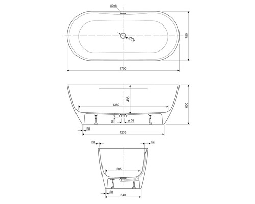 Schéma technique d''une baignoire îlot avec dimensions