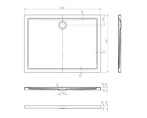 Schéma technique d''un receveur de douche avec des indications de mesure.