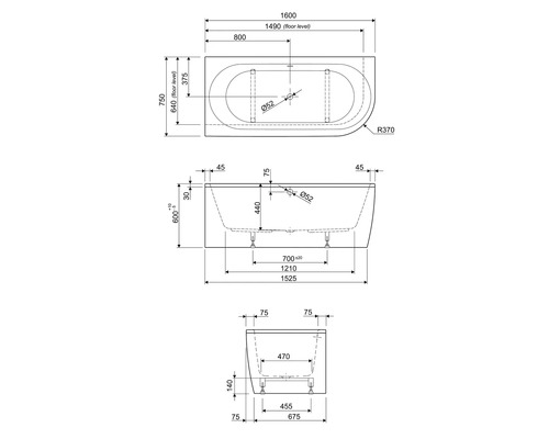 Schéma technique d'une baignoire avec dimensions