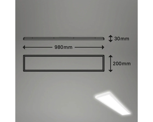 Schéma technique d'un panneau lumineux LED avec des dimensions de 980 mm de long, 200 mm de large et 30 mm de haut.