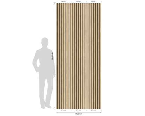Panneau en bois avec des lamelles verticales et des indications de dimensions