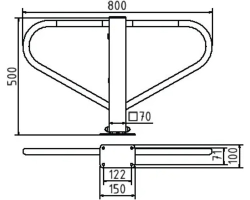 Technische Zeichnung einer Drehkreuzanlage mit Maßangaben