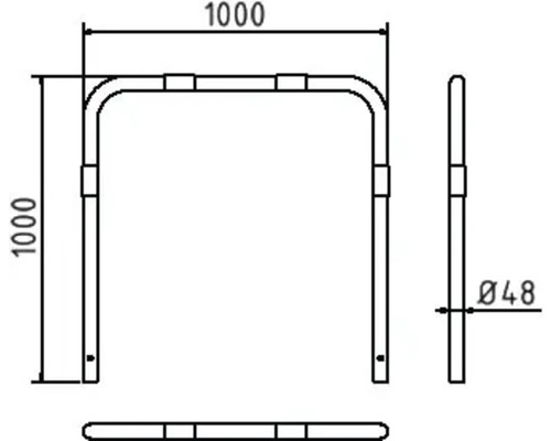 Technische Zeichnung eines Anlehnbügels mit den Massen 1000 x 1000 mm und einem Durchmesser von 48 mm.