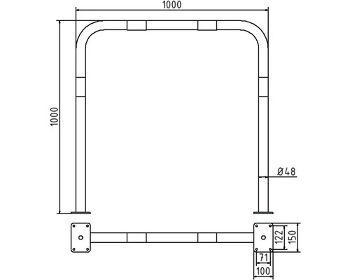 Technische Zeichnung eines Anlehnbügels mit Maßangaben in Millimeter