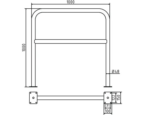 Technische Zeichnung eines Anfahrschutzes mit Maßangaben.
