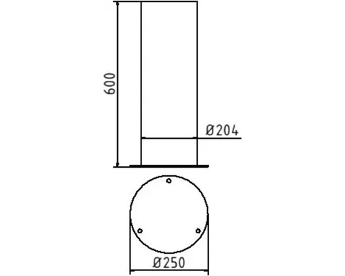 Dessin technique d''un produit cylindrique avec une hauteur de 600 et des diamètres de 204 et 250
