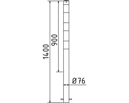 Technische Zeichnung eines Pfostens mit den Massen 1400 mm Höhe und 76 mm Durchmesser.