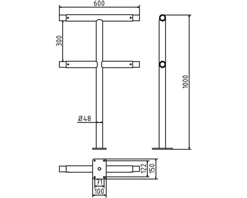Dessin technique d''un support pour vélos avec indications de mesure.