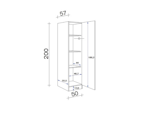 Technische Zeichnung eines Hochschranks mit Massen