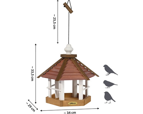 Mangeoire à oiseaux avec toit marron et détails blancs, à suspendre