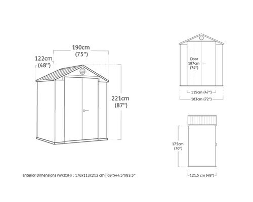 Schéma coté d''un abri de jardin avec indication de la largeur, de la profondeur et de la hauteur