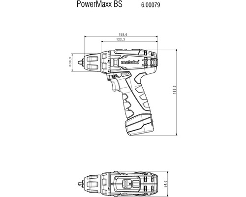 Dessin technique d''une visseuse-perceuse sans fil Metabo PowerMaxx BS avec dimensions
