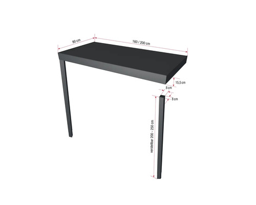 Darstellung eines höhenverstellbaren Bartischgestells mit den Maßen 90 x 160 bis 200 Zentimeter