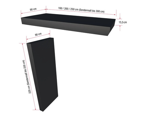 Image d''une étagère murale noire mesurant 160, 200 ou 250 cm de long, 90 cm de large et 15,5 cm de haut, ainsi qu''une colonne murale noire mesurant 90 cm de large et 220 cm de haut.