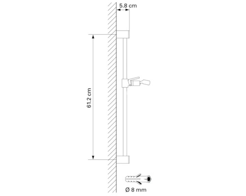 Technische Zeichnung einer Duschstange mit Maßangaben