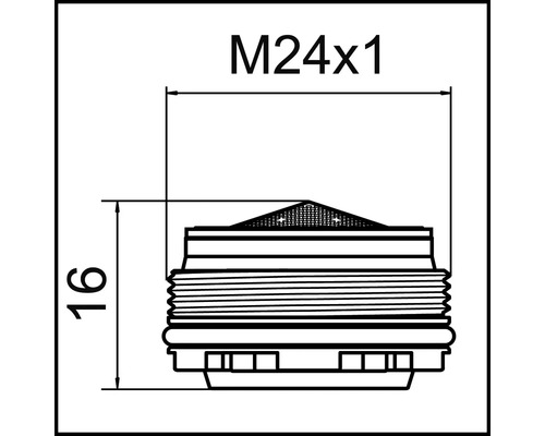 Technische Zeichnung eines Wasserhahnbelüfters mit den Maßen M24x1 und 16 mm Höhe