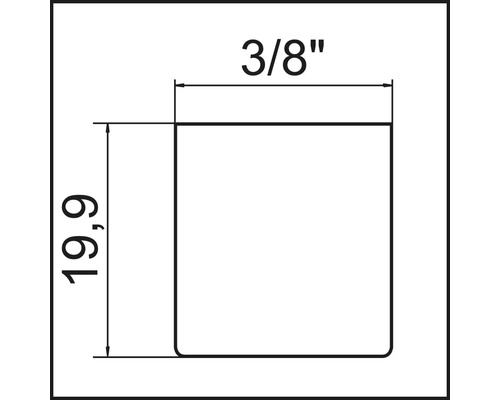Technische Zeichnung mit Maßangaben: 3/8 Zoll und 19,9 Millimeter