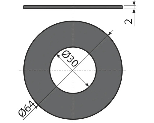 Technische Zeichnung einer Unterlegscheibe mit den Massen 64 Millimeter Aussendurchmesser, 30 Millimeter Innendurchmesser und 2 Millimeter Dicke